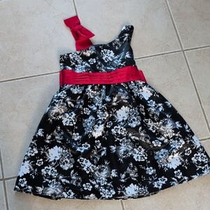 Girls Black Floral One-Shoulder Dress with Red Sash  And Bow , Size 10,